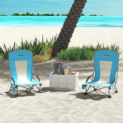 Outsunny Set of 2 Folding Beach Chairs with Mesh Back, Carry Bag and Cup Holder for Outdoor Camping Lawn, 27.6" x 22.8" x 31.1"