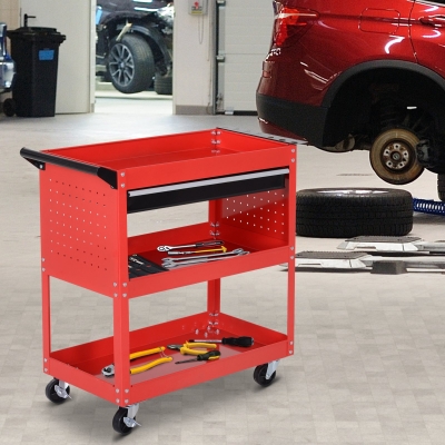 HOMCOM Tool Cart on Wheels, Utility Cart with Wheels, Ball Bearing Drawer, Storage Trays for Garage, Warehouse, Workshop, Red