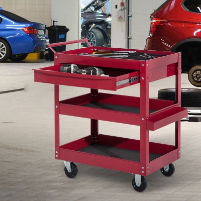 HOMCOM 3-Tier Rolling Tool Cart with Drawer and Side Box, 132 LBS Capacity Steel Utility Cart, Mobile Service Tool Organizer for Garage, Warehouse, Workshop, Red
