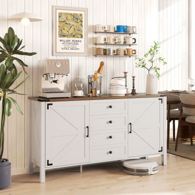 HOMCOM 59" Buffet Cabinet, Farmhouse Sideboard with Thick Top, 2 Barn Doors, 4 Drawers and 2 Adjustable Shelves, White