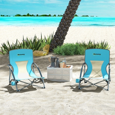 Outsunny Set of 2 Folding Beach Chairs with Mesh Back, Carry Bag and Cup Holder for Outdoor Camping Lawn, 22.8" x 21.7" x 24.4"