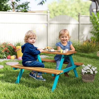 Outsunny Kids Outdoor Table Set Wooden Toddler Picnic Table and Benches for 4 Kids 3-8 Years, Easy Installation, Natural Wood