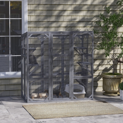PawHut Outdoor Cat Enclosure with 6 Jumping Platforms, Weatherproof Roof, Large Front Door for 1-3 Cats, 59" x 28" x 60", Grey