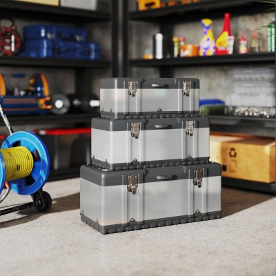 HOMCOM 3 Pieces Tool Box Set, Stainless Steel Toolbox with Tray, Handles, Latches, Tool Case for Workshop, Garage