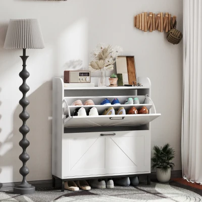 HOMCOM Shoe Cabinet with 2 Flip Drawers, Narrow Entryway Storage, White