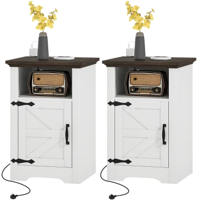 HOMCOM Set of 2 Side Tables, Night Stands with Charging Outlets, White