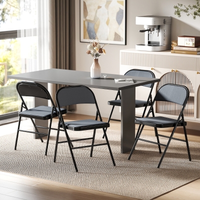 HOMCOM Set of 4 Metal Foldable Chairs, Corduroy Padded Folding Chairs with Cushion Seat and Open Back for Indoor, Grey