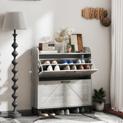 HOMCOM Narrow Shoe Cabinet with 2 Flip Drawers, Legs, Light Gray