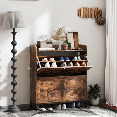 HOMCOM Narrow Shoe Cabinet with 2 Flip Drawers, Rustic Brown