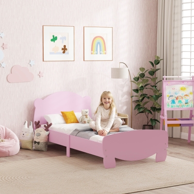 Qaba Twin Bed Frame with Bear Shaped Headboard & Footboard, Slats Support, No Box Spring Needed, for Boys, Girls, Pink