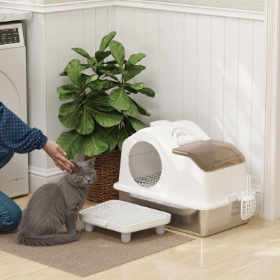 PawHut Extra Large Stainless Steel Cat Litter Box w/ High Sided, Removable Lid, Mats, Scoop, Odor Free, Non-Sticky, Leakproof