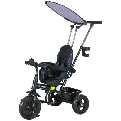 Qaba 6 in 1 Kids Tricycle with Removable Handlebar and Canopy, Navy Blue