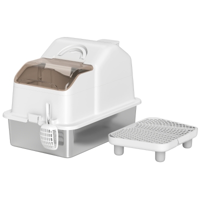 PawHut Extra Large Stainless Steel Cat Litter Box w/ High Sided, Removable Lid, Mats, Scoop, Odor Free, Non-Sticky, Leakproof