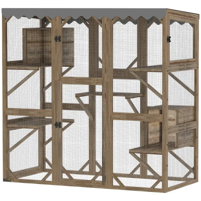 PawHut Wooden Catio Outdoor with Window Access, Waterproof Cover, Relaxing Condo, 5 Platforms, Doors, 59" x 28" x 59", Brown