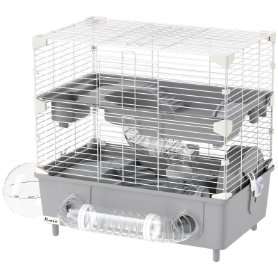 PawHut 2-Tier Hamster Cage with Wheel, Tubes & Accessories, Gray