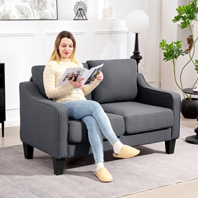 HOMCOM Loveseat Sofa, Modern Couch with Pocket Spring, Linen Upholstered, Thick Padded, Charcoal Grey