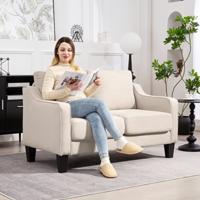 HOMCOM Loveseat Sofa, Modern Couch with Pocket Spring, Linen Upholstered, Thick Padded, Beige