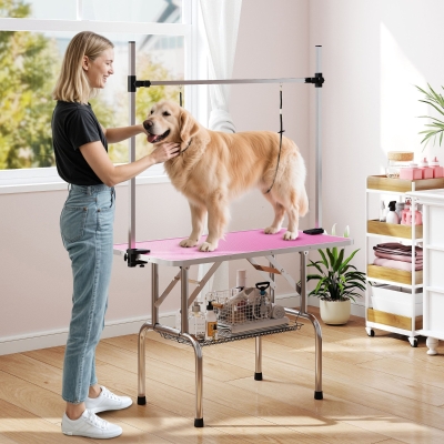 PawHut Adjustable Dog Grooming Table with 2 Safety Slings, Storage Basket, Pink