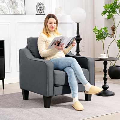 HOMCOM Armchair, Modern Accent Chair with Pocket Spring, Linen Upholstered, Thick Padded, Charcoal Grey