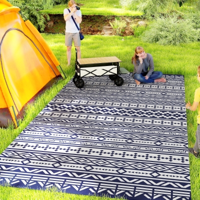 Outsunny 9' x 18' Outdoor RV Rug, Reversible Patio Floor Mat with Carry Bag, Geometric Wall, Blue and White