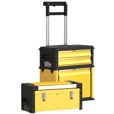 HOMCOM 3-in-1 Tool Box with Wheels, Stackable, Modular Steel Toolbox with Tray, Handles, Latches for Workshop, Garage, Yellow