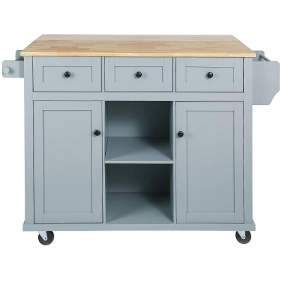 Kitchen Island with Rubber Wood Drop-Leaf Countertop, Adjustable Shelves, Rolling Cart with Metal Support Frames, 53" L x 29.5" W x 37" H, Blue