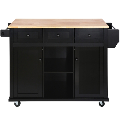 Kitchen Cart with Rubber Wood Drop-Leaf Countertop, 3 Drawers, Adjustable Shelves, Rolling Island on 5 Wheels, 53" L x 29.5" W x 37" H, Black