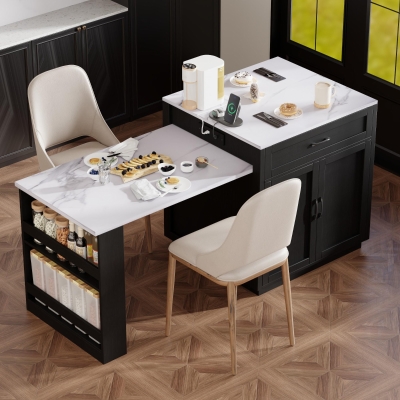 Kitchen Island with Extendable Dining Table, Drawers and Shelves, Power Outlet, Central Island for Kitchen, 83" L x 27.5" W x 36" H, Black+White