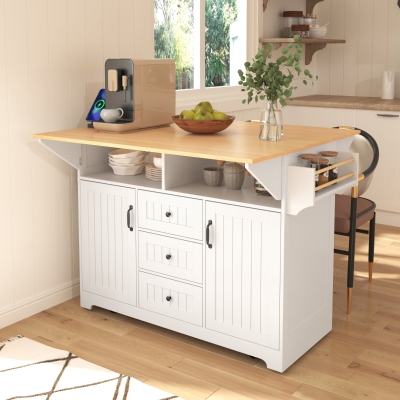 Kitchen Island with 2 Drop Leaves, 3 Drawers, Spice Rack, Power Outlet, Rolling Cart for Dining Room, Kitchen, 56" L x 33.5" W x 36.5" H, White