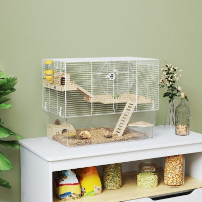 PawHut Hamster Cage with Deep Bottom, Wooden Ramp, Hut, Bathroom and Exercise Wheel for Hamster and Gerbil, White