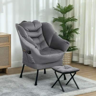 HOMCOM Fabric Accent Chair & Ottoman Set with Side Pockets, Gray