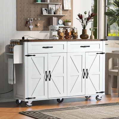 Farmhouse Style Kitchen Island with Power Outlet, Drop Leaf, Spice Rack, Rolling Car with Storage Drawers, 53.5" L x 29" W x 36.5" H, White