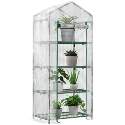 Outsunny 28" x 20" x 63" Portable Greenhouse with 4 Tier Shelves Outdoor Hot House Plant Flower Greenhouse, Steel Frame, PE Cover, White