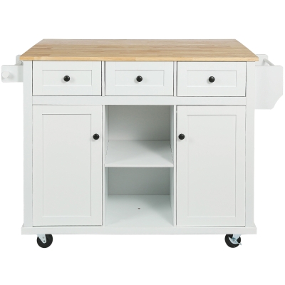 Kitchen Island with 3 Drawers, Rubber Wood Drop-Leaf Countertop, Adjustable Shelves, Rolling Cart for Kitchens, 53" L x 29.5" W x 37" H, White