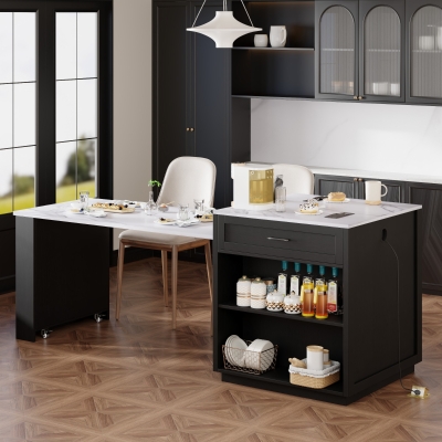 Kitchen Island with Extendable Dining Table, Drawers and Shelves, Power Outlet, Central Island for Kitchen, 83" L x 27.5" W x 36" H, Black+White