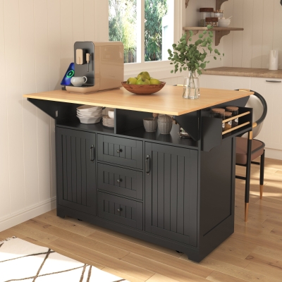 Kitchen Island with 3 Drawers, 2 Drop Leaves, Power Outlet, Spice Rack, Rolling Cart for Kitchen, Dining Room, 56" L x 33.5" W x 36.5" H, Black