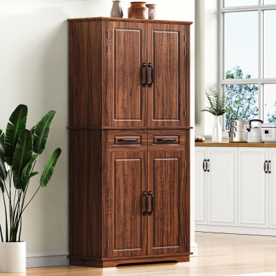 Pantry Cabinet with 6 Door Shelves, 3 Pull-Out Organizers, 2 Drawers, Kitchen Cupboard with Embossed Texture, 31.5" L x 16" W x 72" H, Brown