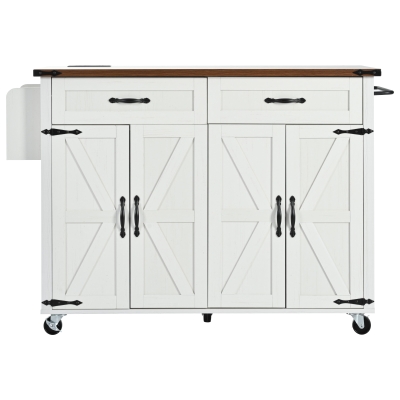 Farmhouse Style Kitchen Island with Power Outlet, Drop Leaf, Spice Rack, Rolling Car with Storage Drawers, 53.5" L x 29" W x 36.5" H, White