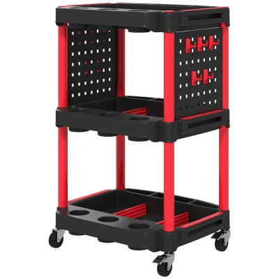 HOMCOM 3-Tier Rolling Tool Cart with Wheels, 200 LBS Capacity Plastic Utility Cart for Garage, Warehouse, Workshop, Black & Red