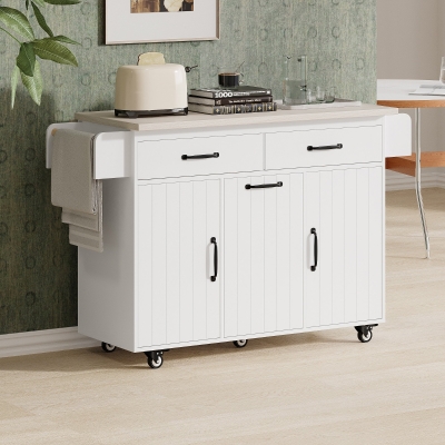 Rolling Cart with Tilt-Out Trash Cabinet, Spice and Towel Rack, Adjustable Shelf, Kitchen Island with Drop Leaf, 51" L x 20" W x 35" H, White