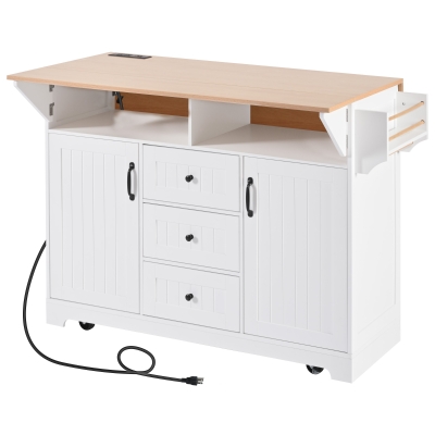 Kitchen Island with 2 Drop Leaves, 3 Drawers, Spice Rack, Power Outlet, Rolling Cart for Dining Room, Kitchen, 56" L x 33.5" W x 36.5" H, White