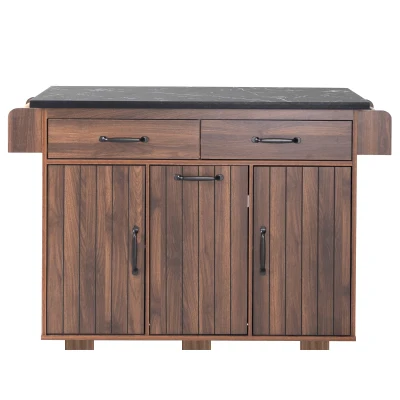Kitchen Island with Trash Cabinet, Spice and Towel Rack, Adjustable Shelf, Rolling Cart with Drop Leaf, 51" L x 20" W x 35" H, Walnut Brown