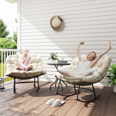 Outsunny Outdoor Rocking Papasan Chair Set of 2 with Cushions, Beige