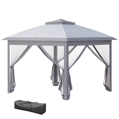 Outsunny 11' x 11' Pop Up Canopy, Double Roof Foldable Canopy Tent with Zipper Mesh Sidewalls, Height Adjustable and Carrying Bag, Event Tent for Patio Garden Backyard, Grey