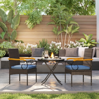 Outsunny Set of 2 Rattan Outdoor Dining Chairs, Wicker Patio Chairs with Removable Cushion, Acacia Wood Armrests, Navy Blue