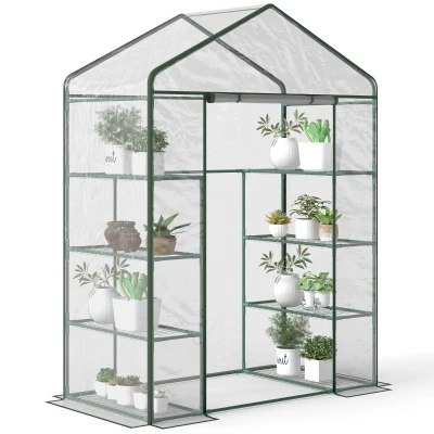Outsunny 56" x 29" x 77" Portable Walk-in Greenhouse Garden Flower Plant Growing Warm House w/ 4 Tier Shelves and Roll Up Zippered Door, Transparent