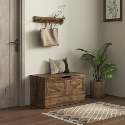 HOMCOM 31.5 Inches Storage Chest, Storage Trunk with 2 Safety Hinges, Wooden Box for Living Room, Rustic Brown