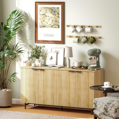 HOMCOM 55" Modern Sideboard, Fluted Buffet Cabinet with Adjustable Shelves, 5 Metal Legs for Kitchen, Living Room, Nature Wood