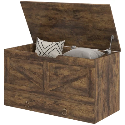 HOMCOM 31.5 Inches Storage Chest, Storage Trunk with 2 Safety Hinges, Wooden Box for Living Room, Rustic Brown