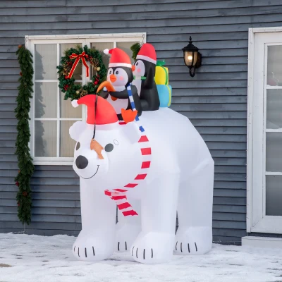 HOMCOM 7 ft Polar Bear & Penguins Inflatable Yard Decoration